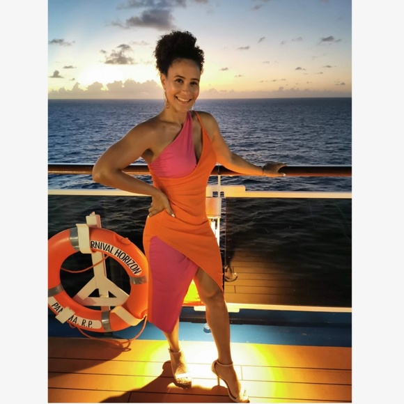 2 Tone Hot Pink Orange One Shoulder Asymmetrical Bodycon Dress Midi Ribbed - Picture 9 of 12